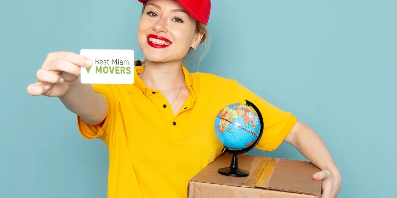 Best Miami Movers International Relocation Team Member With Packed Box Globe Business Card