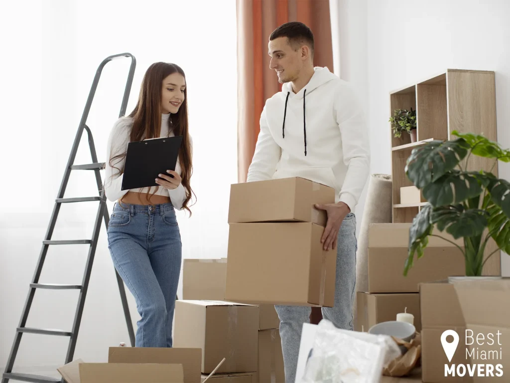 Commercial Spring Moving Customers Packing and Check Boxes Prepare to Move